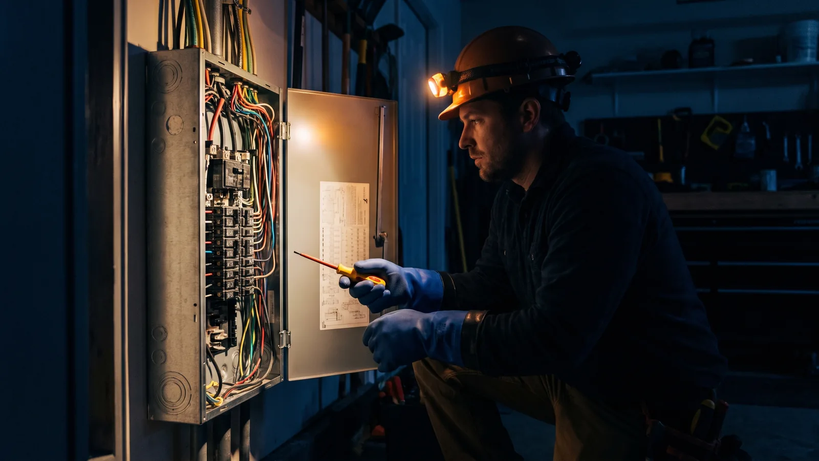 Electrician working in a modern residential breaker panel