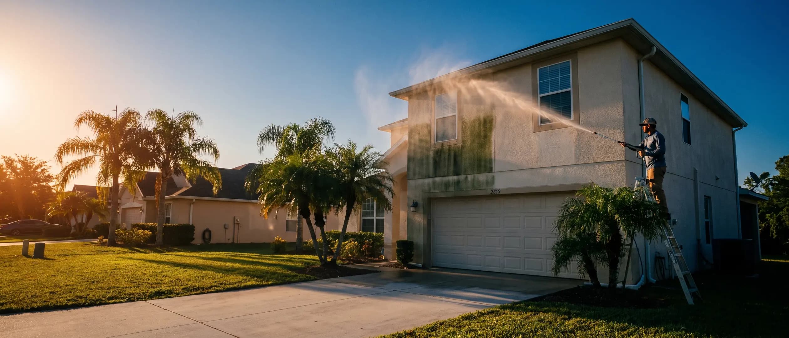 Technician soft-washing the exterior of a Florida home