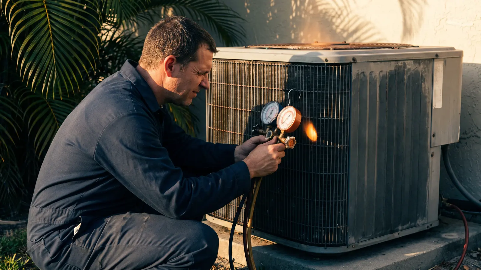 HVAC technician checking an outdoor AC condenser in Florida heat