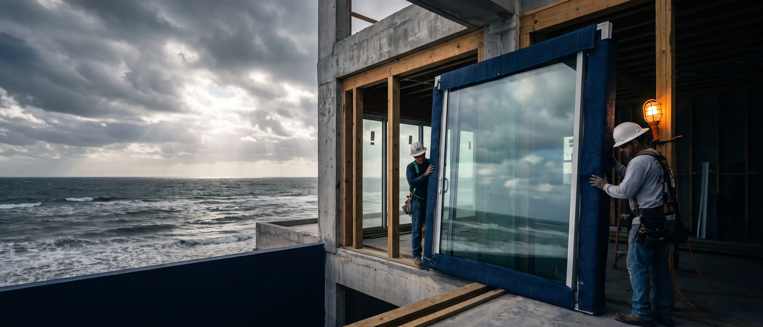 Crew installing an impact-rated sliding glass door on a coastal home