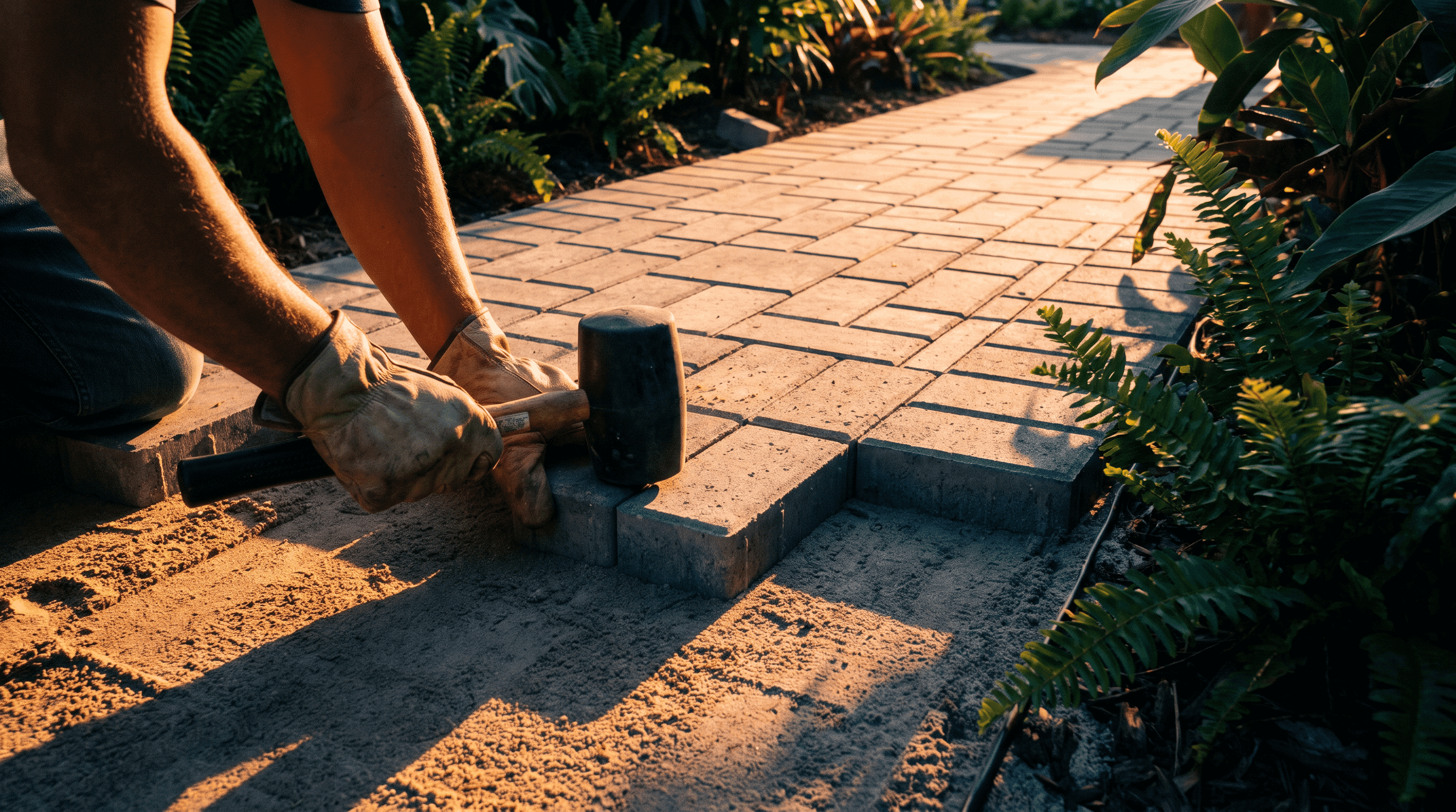 Landscaper setting pavers for a new patio