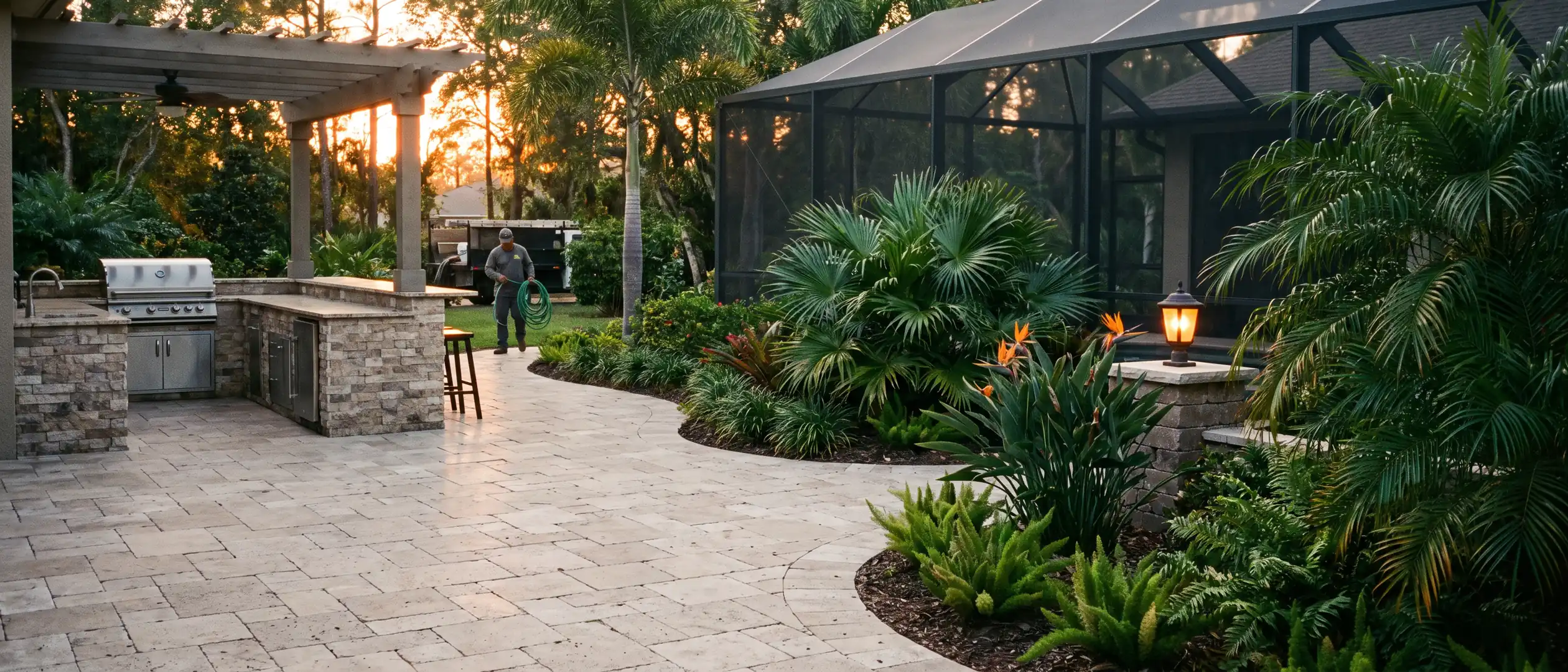 Finished paver patio and tropical landscaping at golden hour