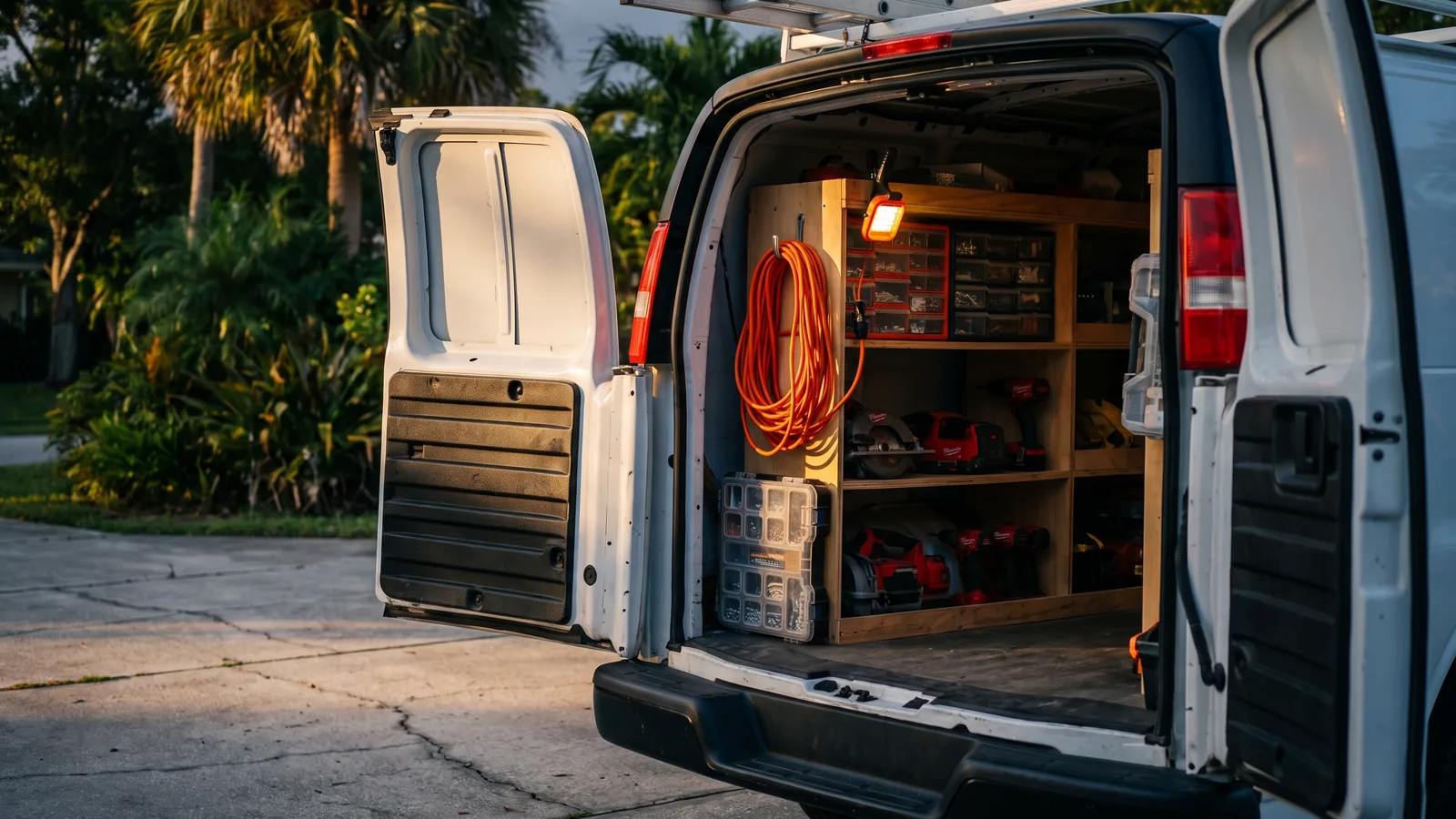 Open service van with organized tools and parts bins