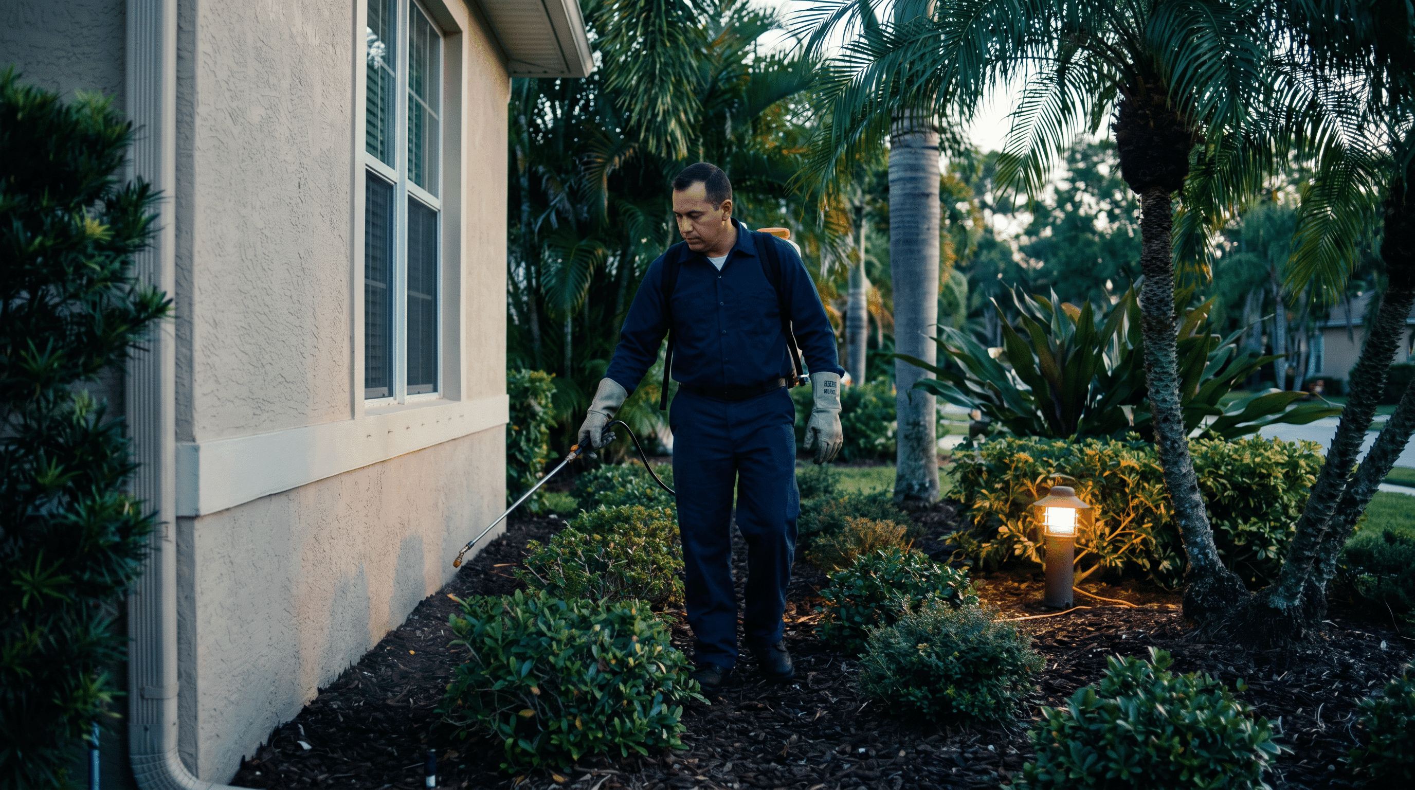 Pest control technician treating a home's foundation perimeter