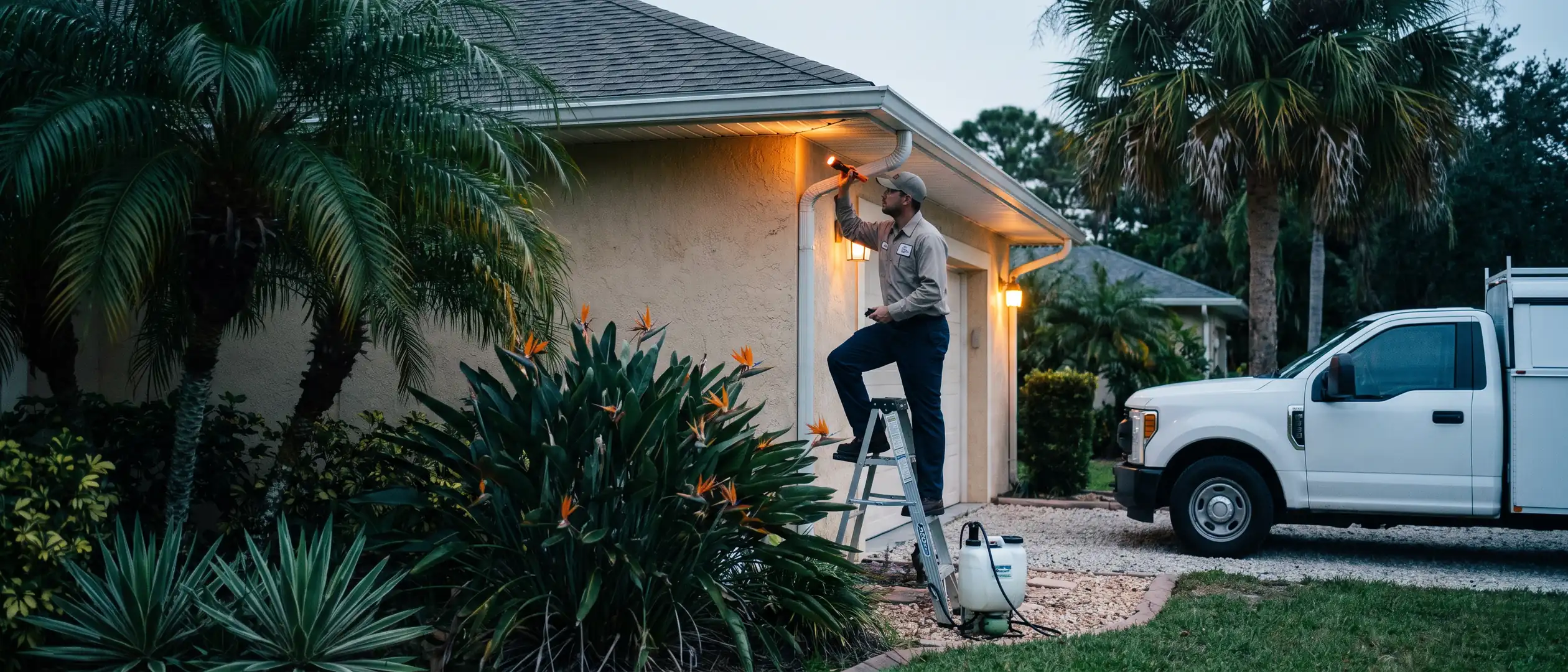 Pest control technician inspecting a Florida home's soffit and eaves