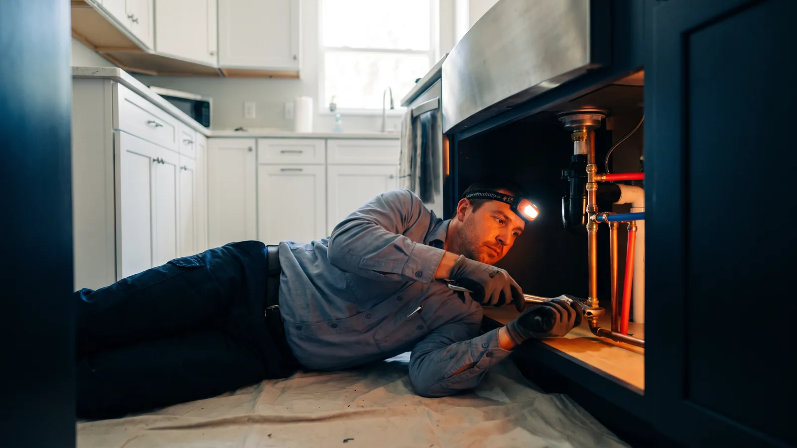 Plumber repairing pipes under a kitchen sink