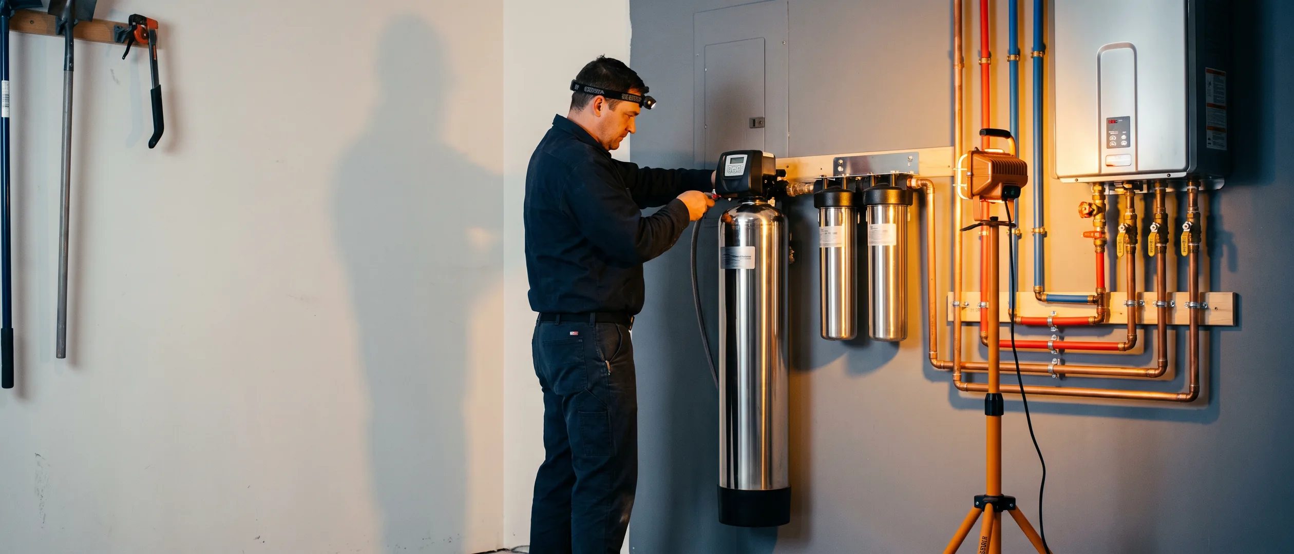 Plumber installing a whole-home water treatment system