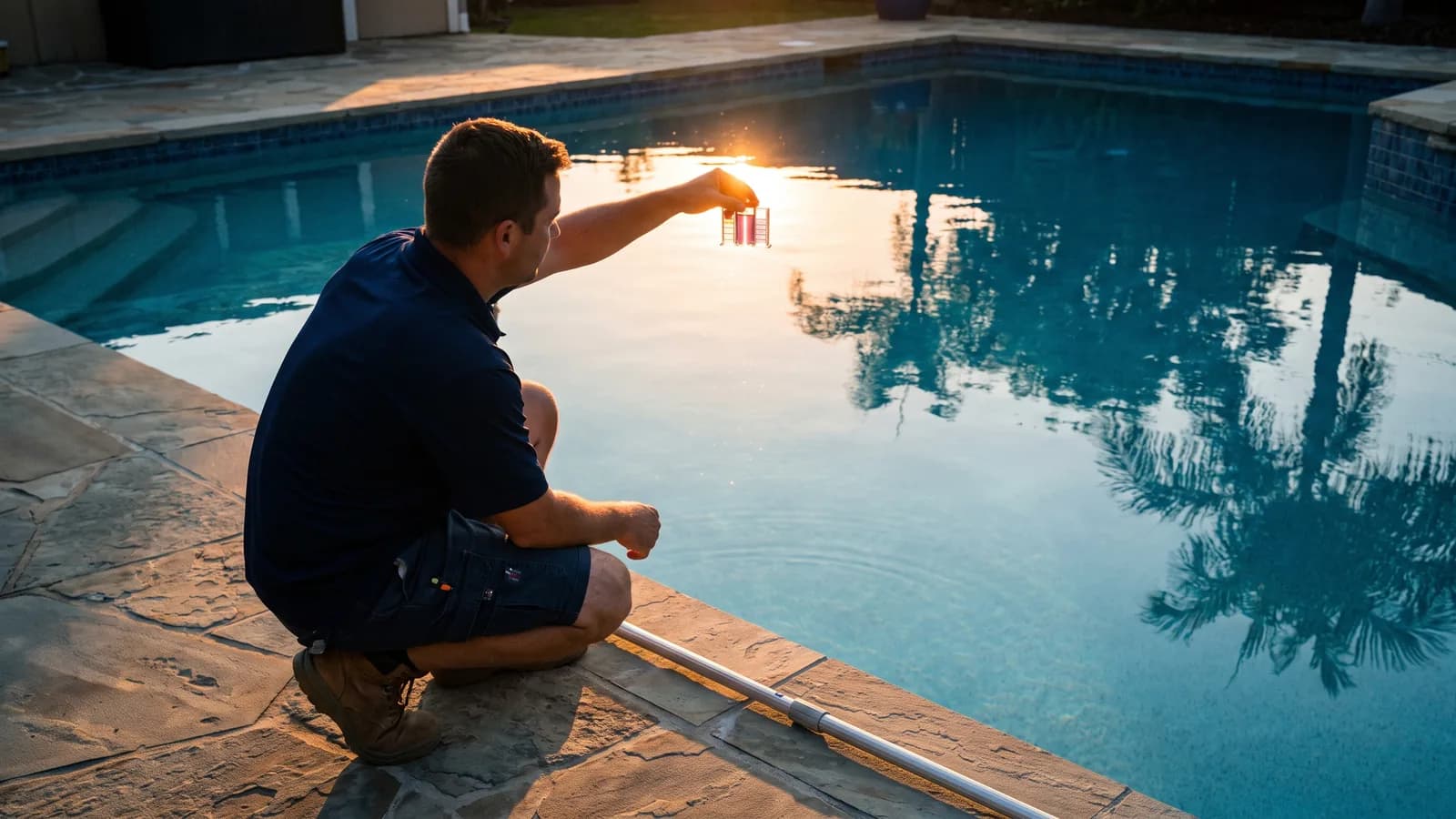 Pool technician testing water at the edge of a clear pool