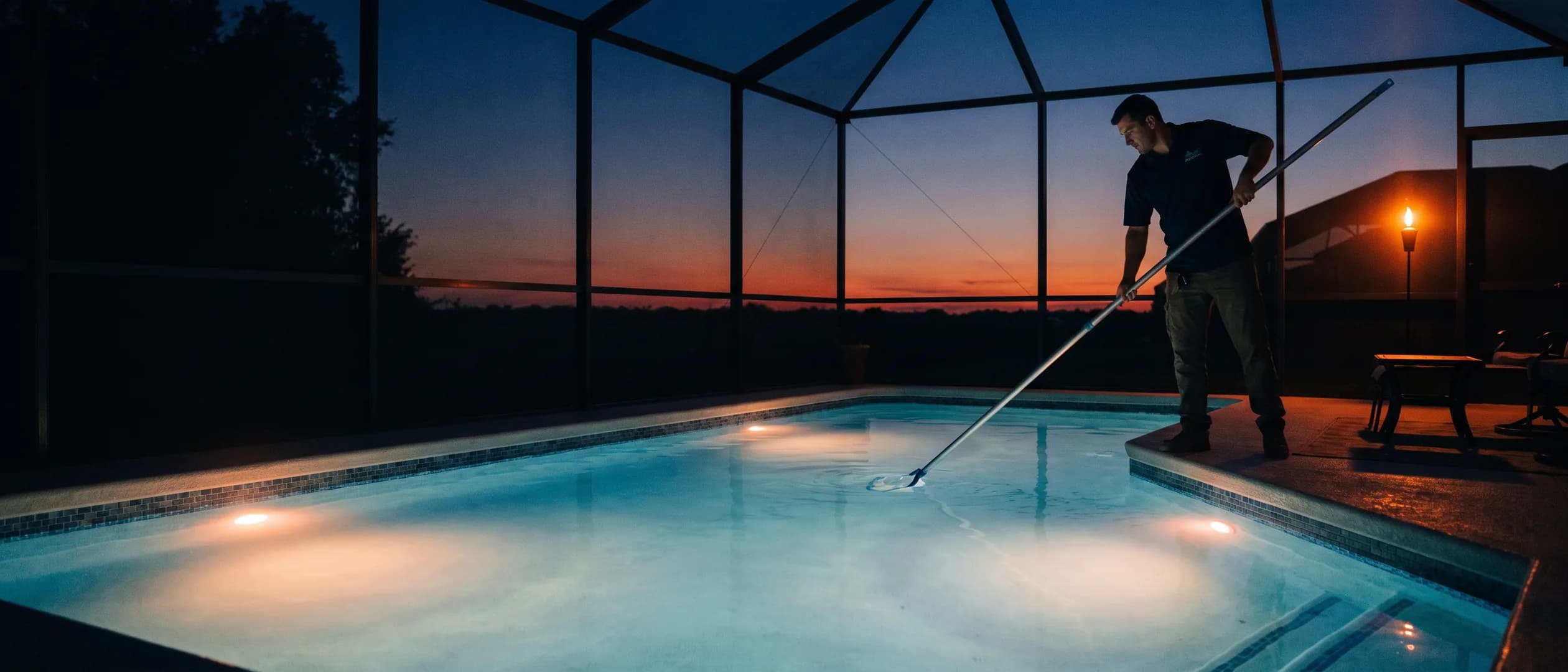 Pool technician servicing a screened lanai pool at dusk