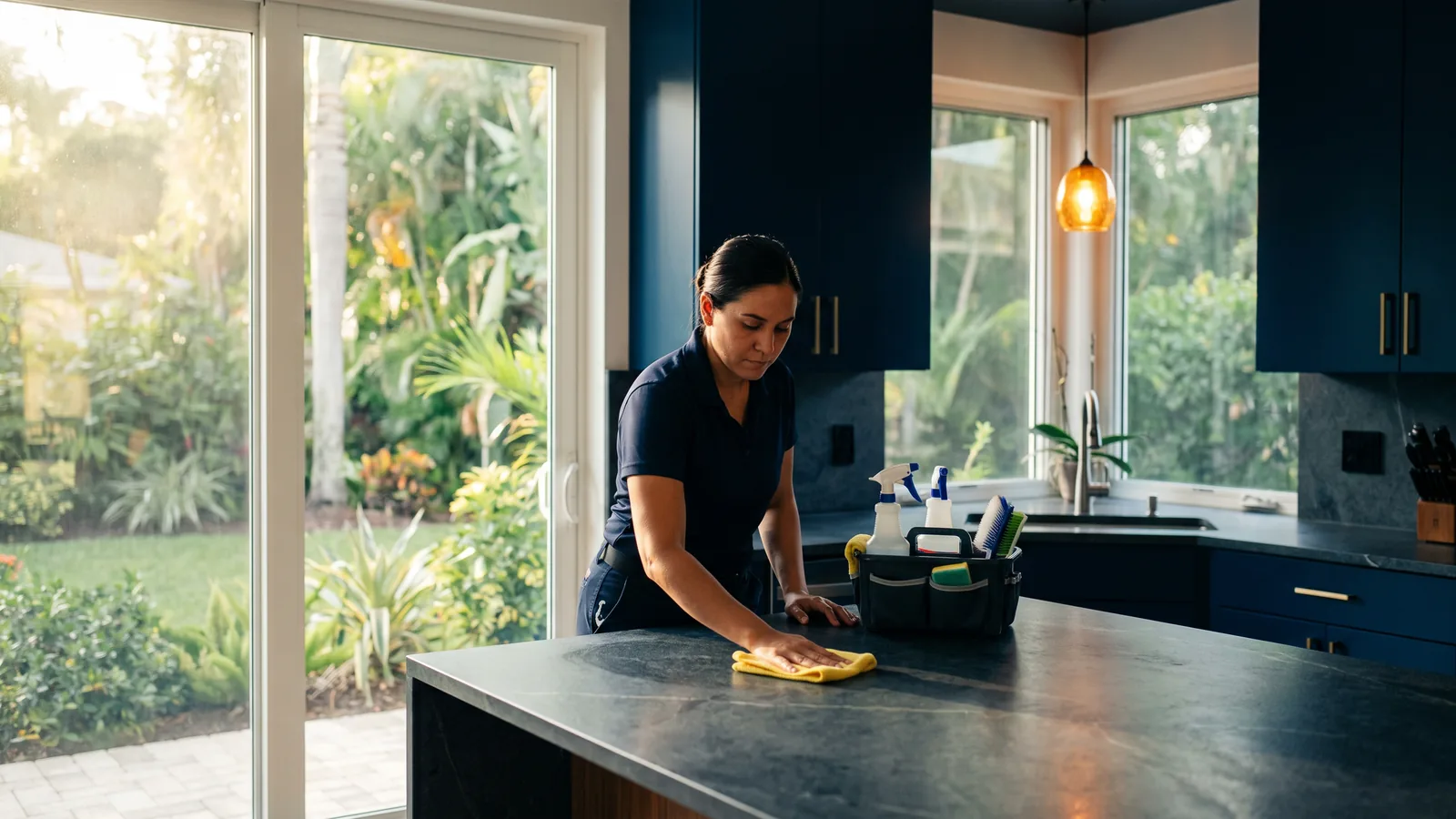 House cleaner wiping down a bright kitchen counter