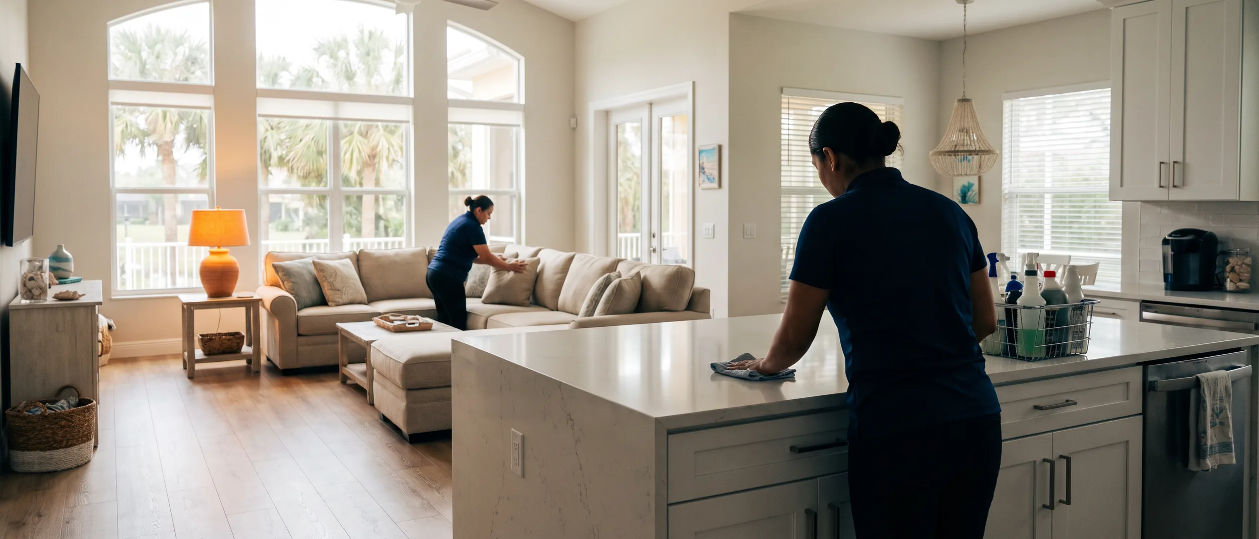 Two-person cleaning team working in a bright Florida living room