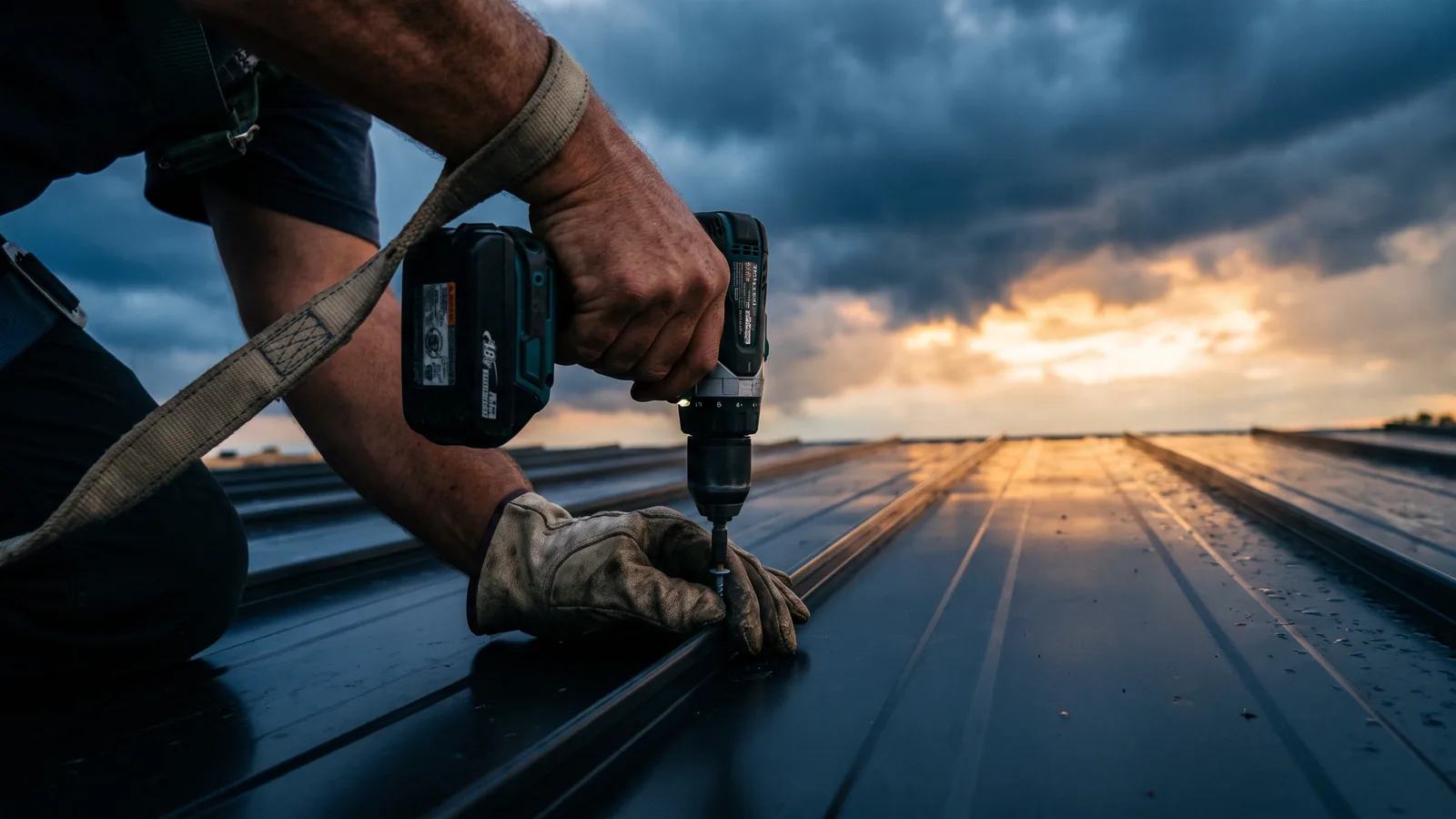 Roofer fastening a standing-seam metal roof panel
