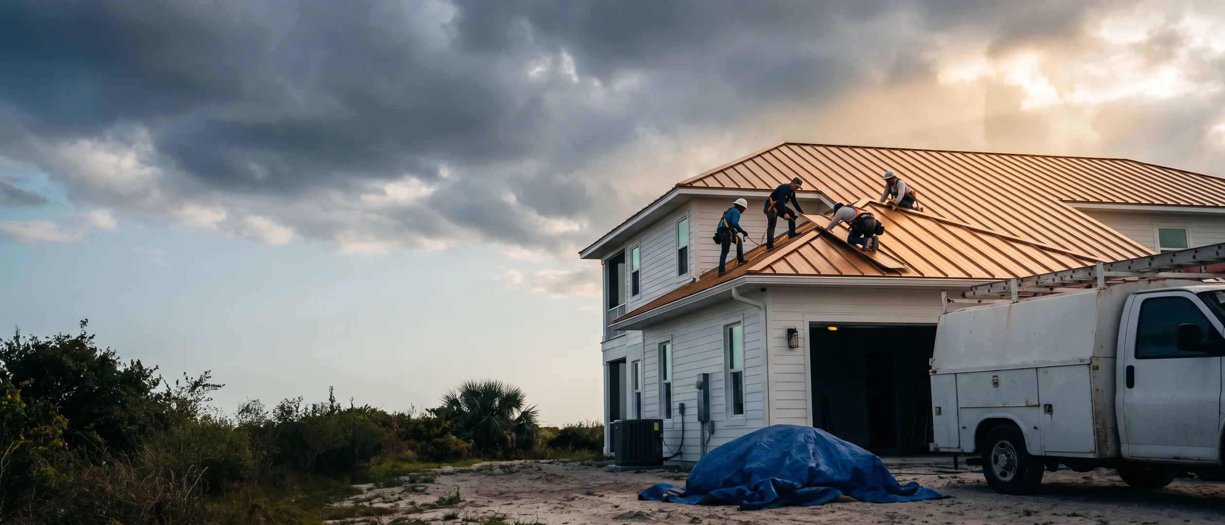 Roofing crew installing a metal roof on a coastal Florida home after a storm