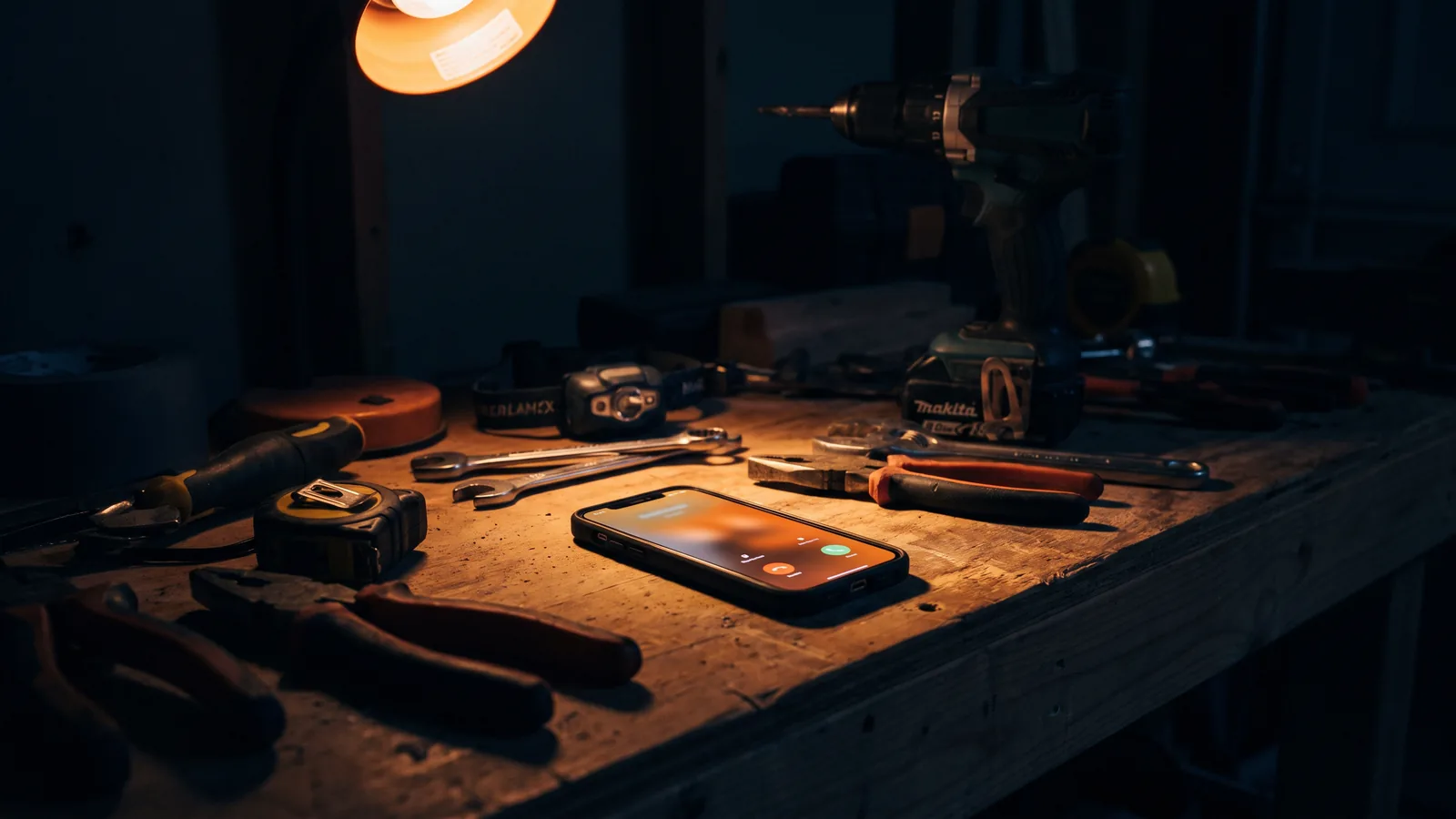 Incoming call lighting up a phone on a contractor's workbench at night