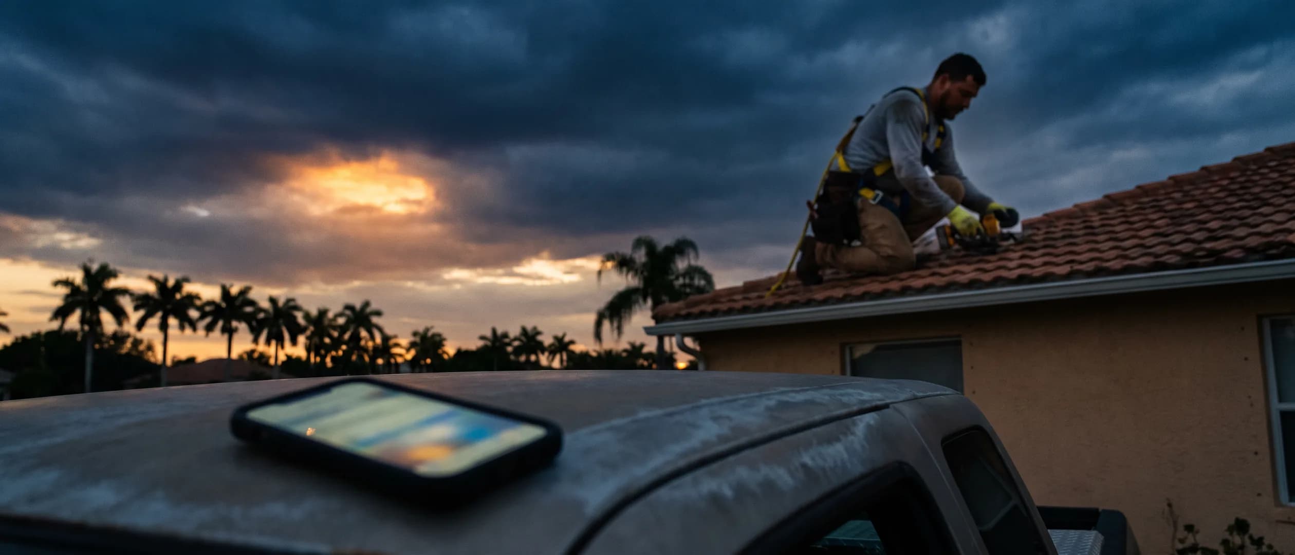 Roofer working on a roof while his phone answers a customer call