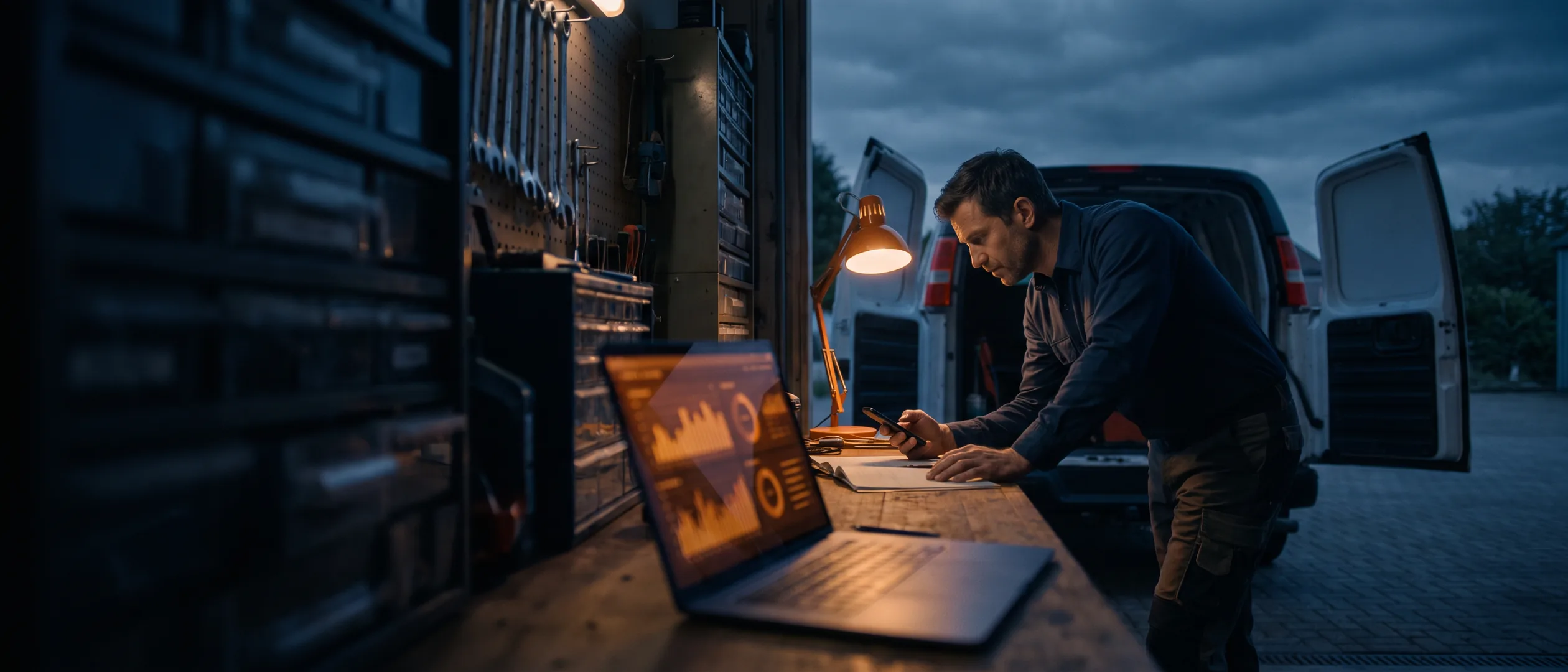 Contractor reviewing ad results and booked calls on a laptop