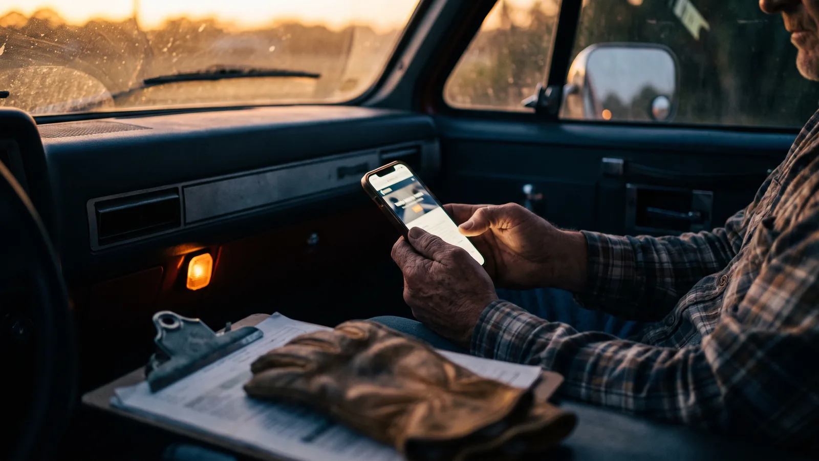Contractor checking his business website on a phone