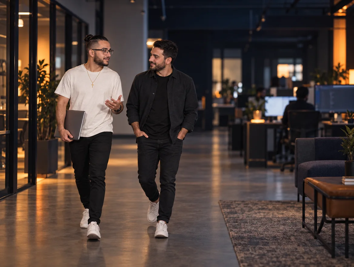Two members of the Raid team talking through a project as they walk through the office
