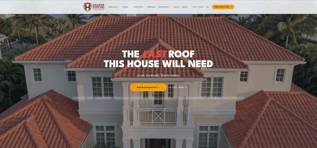 Screenshot of the Halifax Roofing & Restoration website