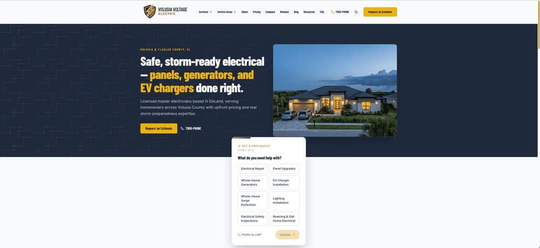 Screenshot of the Volusia Voltage Electric website