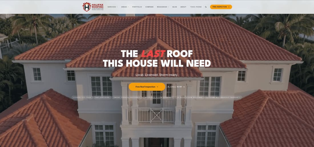 Screenshot of the Halifax Roofing & Restoration website